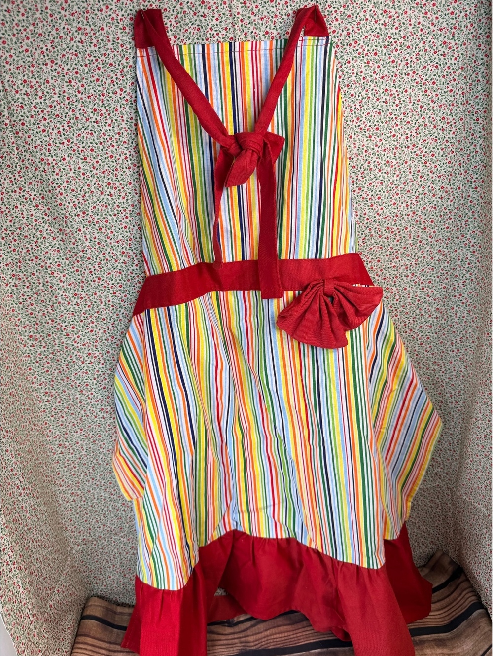 Striped apron with red trim